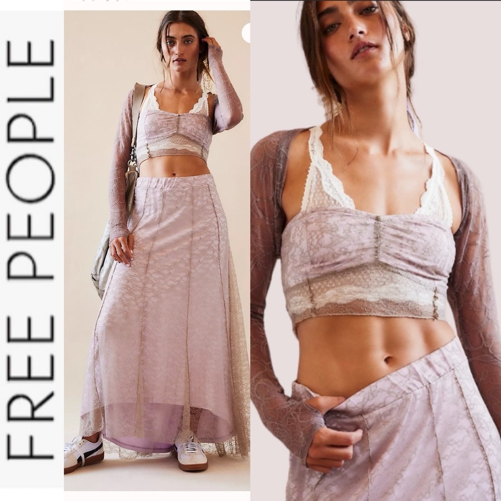 NWT FP Shape Of You Set lace crop top/maxi skirt Sandy Pink Combo